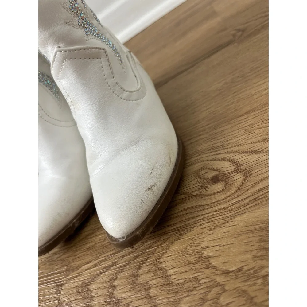 Western Rhinestone Cowgirl Boots Kids 9 White Sparkle Flame Pointed‎ Toe